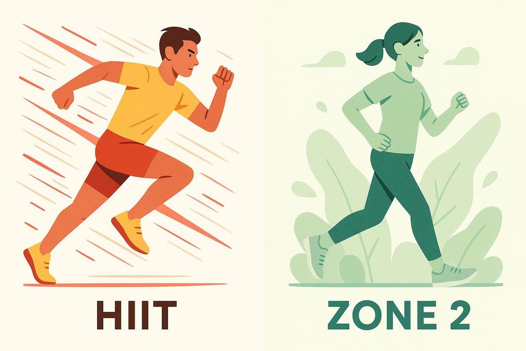 A split-screen illustration comparing high-intensity interval training (HIIT) with steady-state Zone 2 endurance training. The left side shows a man sprinting, labeled 'HIIT', while the right side shows a woman jogging at a relaxed pace, labeled 'ZONE 2'.
