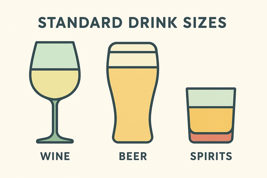 An infographic illustrating standard drink sizes for wine, beer, and spirits with simple icons. A wine glass, a beer glass, and a rocks glass filled in different colors are labeled accordingly.