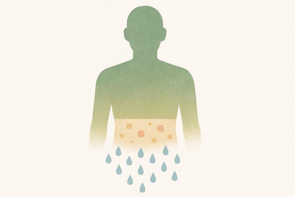 An illustration of a human silhouette with a gradient of green and yellow, from which blue water droplets are falling, symbolizing rapid water weight loss due to glycogen depletion. The middle section of the torso is light yellow with orange and yellow circles, representing glycogen stores.