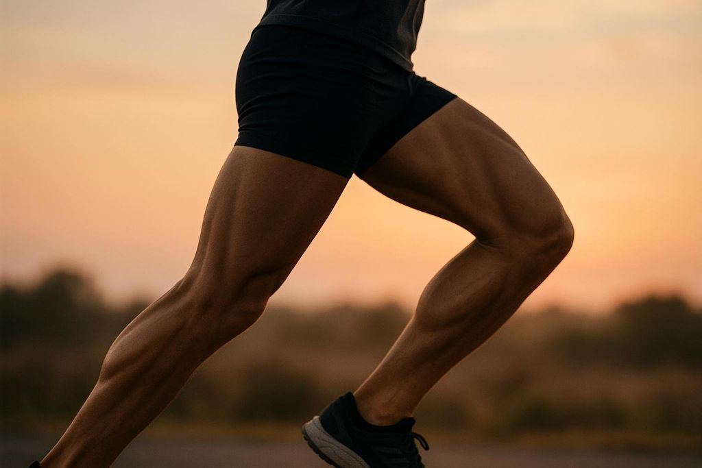 Close-up of a runner's muscular legs in motion against a blurred warm-toned background, highlighting the contour of their muscles.