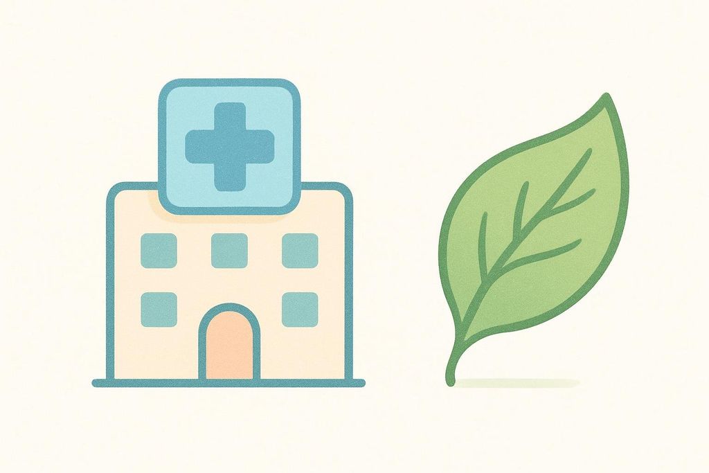 An illustration showing a cream-colored hospital building with a blue cross contrasted with a green leaf, symbolizing traditional medical care versus wellness and natural remedies.