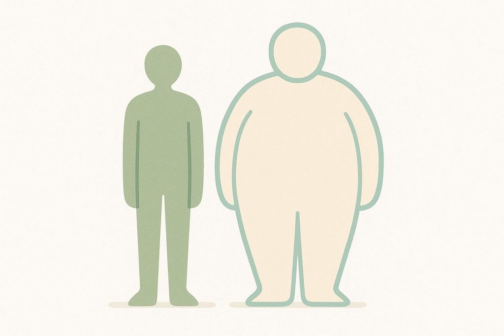 An illustration showing two stylized human figures. On the left is a slender, green figure. On the right is a much larger, light-colored figure with a light blue outline, representing an individual with obesity. This graphic visually demonstrates different body sizes, relevant to BMI qualifications for treatments like phentermine.