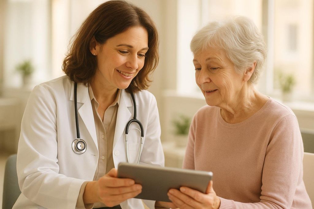 A friendly female doctor in a white coat and stethoscope smiles while showing information on a tablet to an older female patient with short grey hair. Both are looking at the tablet intently.