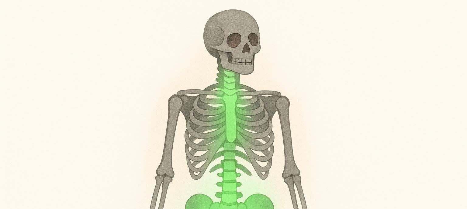 An illustration of a human skeleton with the hip, pelvis, and spine highlighted in a healthy green glow, symbolizing central DXA scanning for bone density.