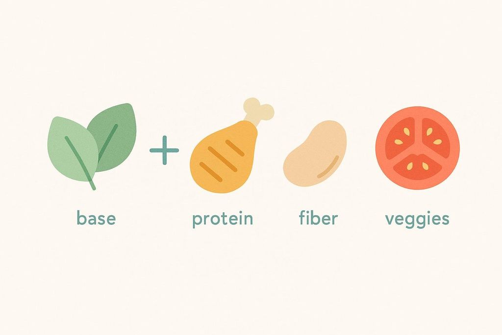 An illustration showing four categories for building a healthy meal: 'base' with two green leaves, 'protein' with a chicken drumstick, 'fiber' with a bean, and 'veggies' with a sliced tomato, connected by plus signs.