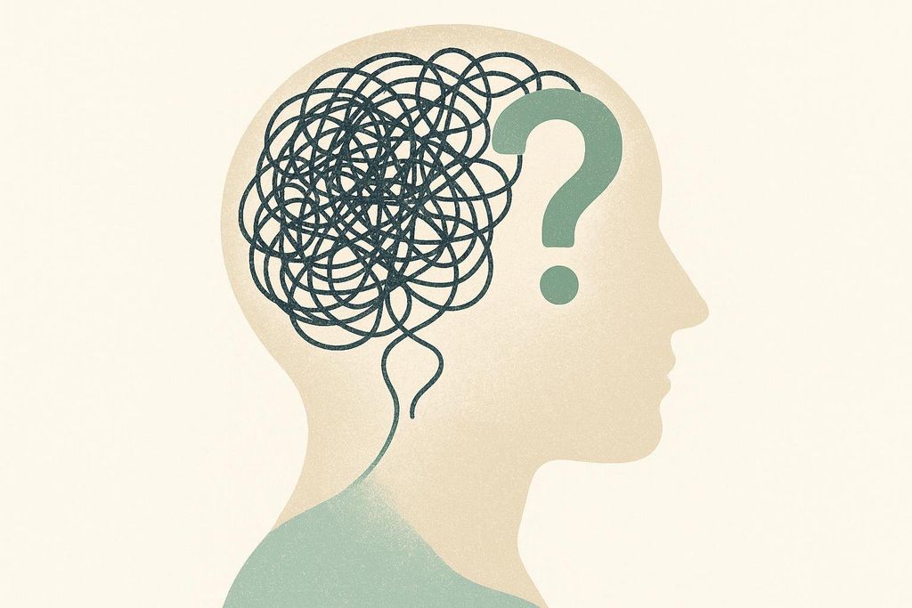 Silhouette of a human head with a tangled knot and question mark inside, representing anxiety, confusion, or mental struggle.