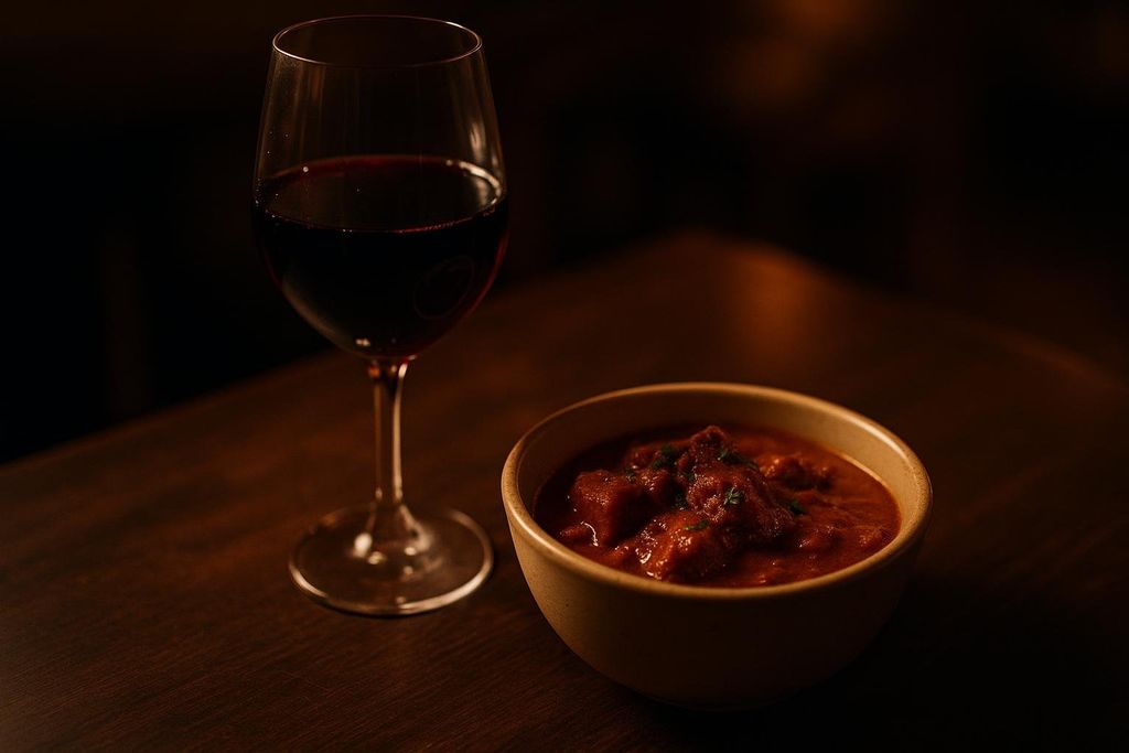 A dark, moody shot of a glass of red wine next to a bowl of reddish-brown spicy stew or curry, with a few green herbs on top, sitting on a dark wooden surface.