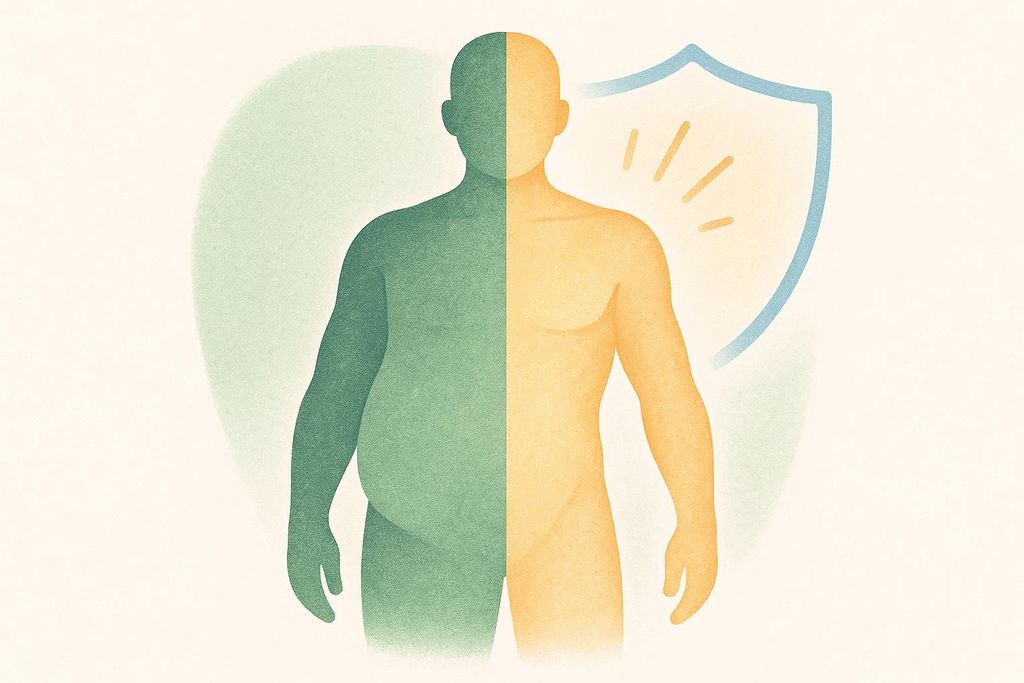 An illustration showing a person's body split down the middle. The left side is larger and green, representing more body fat. The right side is leaner and yellow, representing less fat and maintained muscle, protected by a shield-like icon.