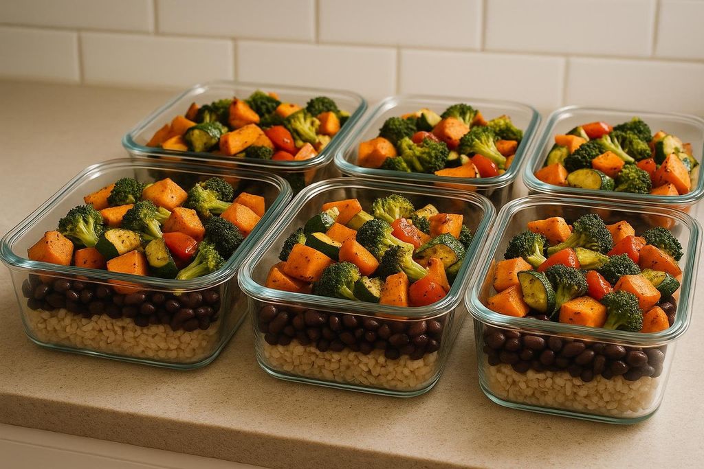 Six clear glass meal prep containers arranged on a kitchen counter. Each container holds layers of light-colored grains, black beans, and a colorful mix of roasted vegetables including broccoli, diced sweet potatoes, zucchini, and cherry tomatoes.