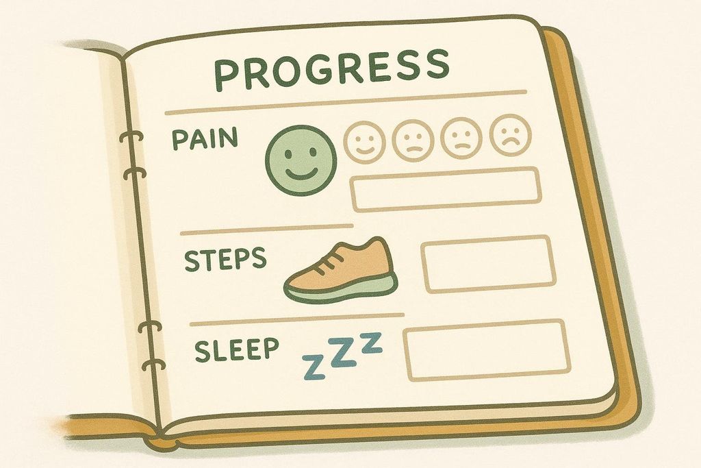 An illustration of an open journal titled 'PROGRESS' with sections for tracking 'PAIN' using emoji faces from happy to sad, 'STEPS' with a shoe icon, and 'SLEEP' with 'zzz' icons, each with blank boxes for input.