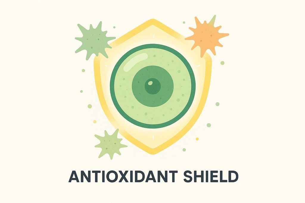 An illustration showing a green cell protected by a yellow glowing shield. Two spiky, star-like shapes (representing oxidative stress) are deflected by the shield, while other smaller dots are scattered around, implying protection from damage. The text 'ANTIOXIDANT SHIELD' is below the diagram.