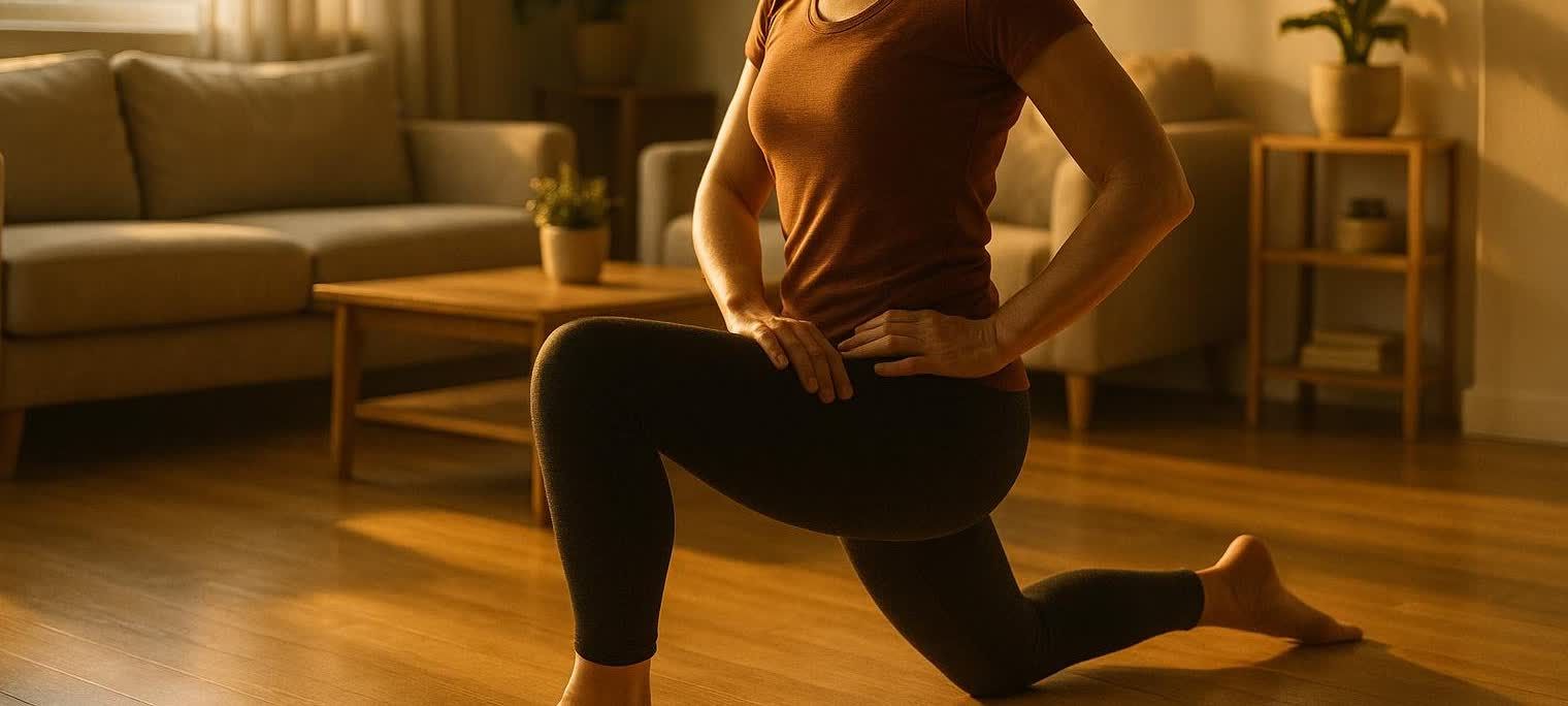 A person in a brown t-shirt and black leggings performing a lunge stretch on a light wood floor in a brightly lit living room, with a couch and coffee table visible in the background.