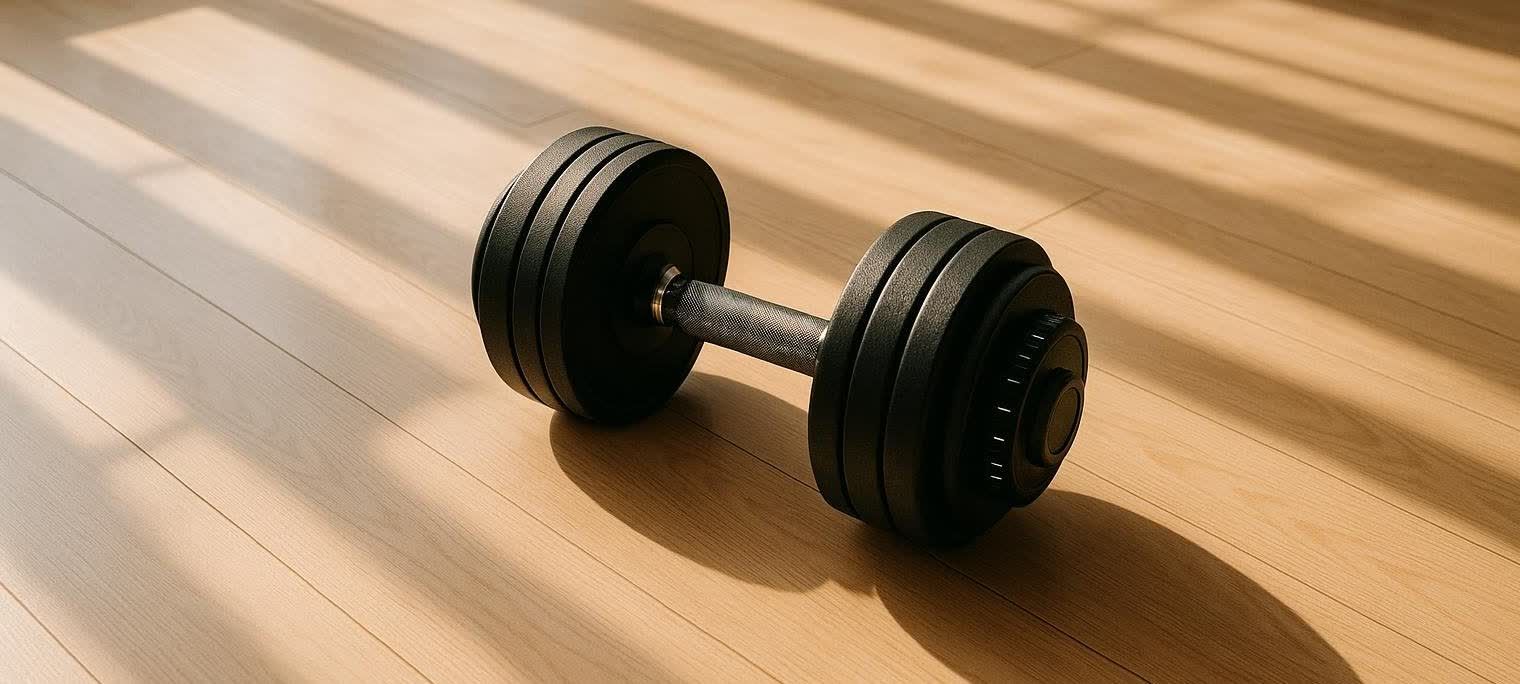 A black adjustable dumbbell with multiple weight plates rests on a light brown hardwood floor. Slanted shadows fall across the floor from the top left.