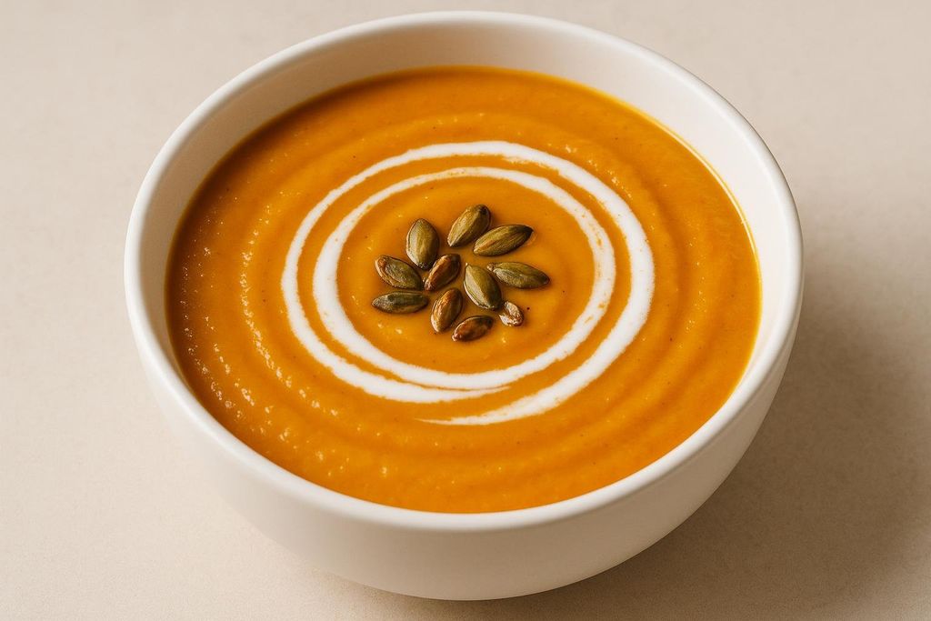 A white bowl of creamy orange butternut squash soup, garnished with a swirl of white cream and a cluster of green and brown pumpkin seeds in the center.