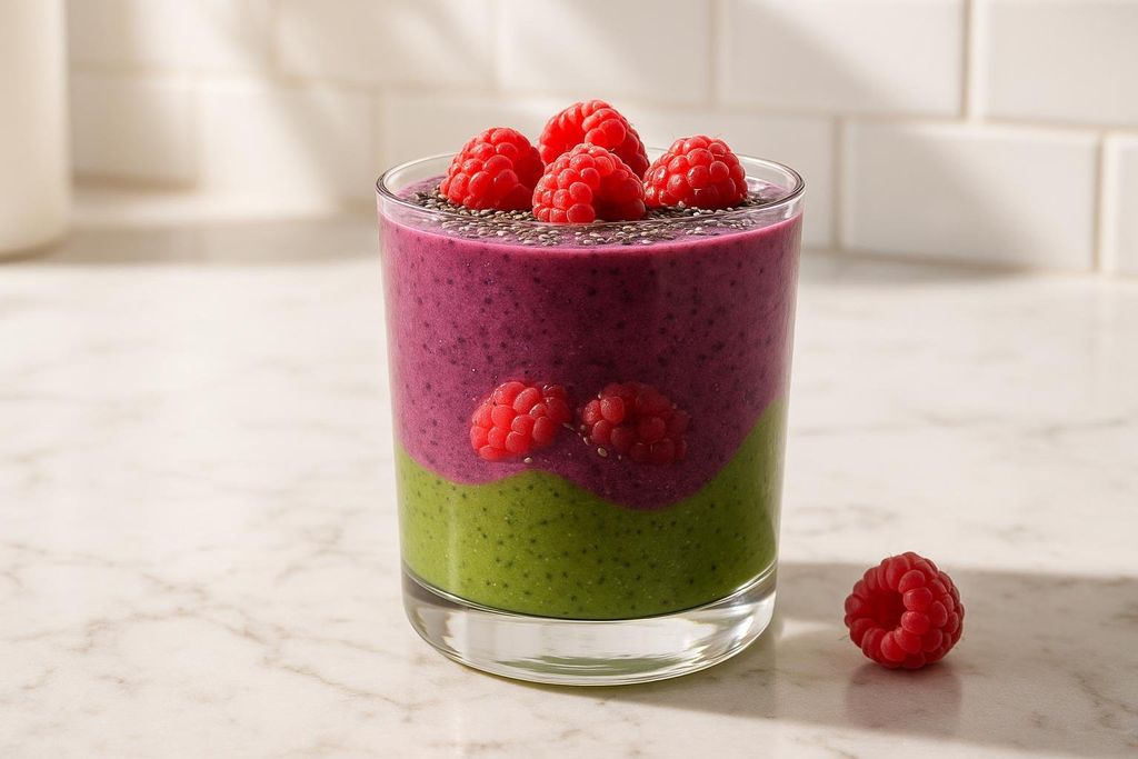 A layered purple and green smoothie in a glass, topped with chia seeds and fresh raspberries. An additional raspberry is on the marble counter next to the glass.