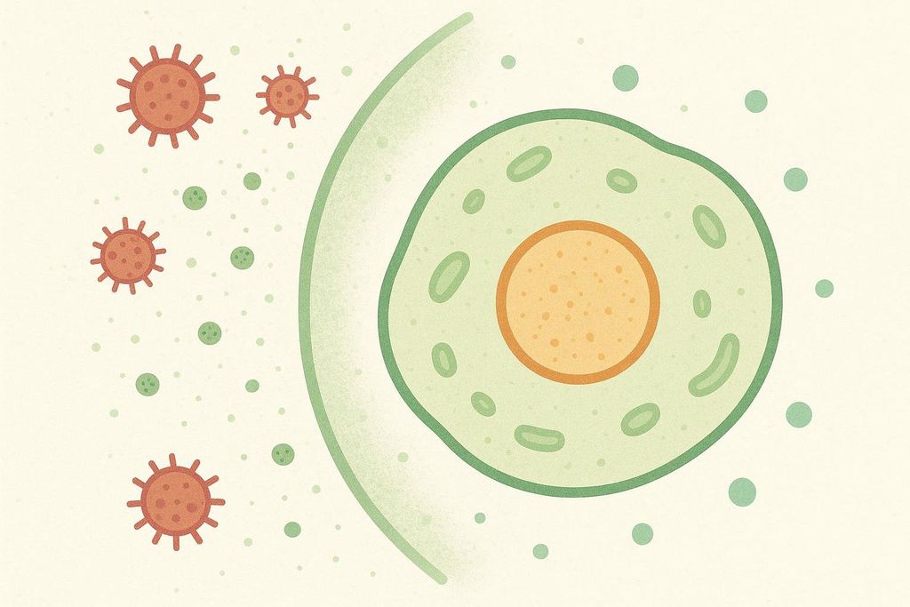 An illustration showing a large green cell with an orange nucleus, partially surrounded by a light green barrier. To the left of the barrier are red virus-like particles and smaller green dots, representing threats being kept away from the cell by the barrier.