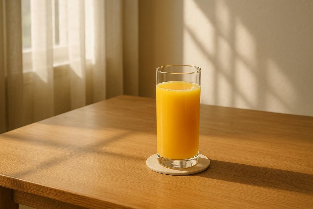 A glass of orange juice sits on a light-colored coaster on a wooden table. Sunlight casts diagonal shadows across the table from a window with sheer curtains in the background.
