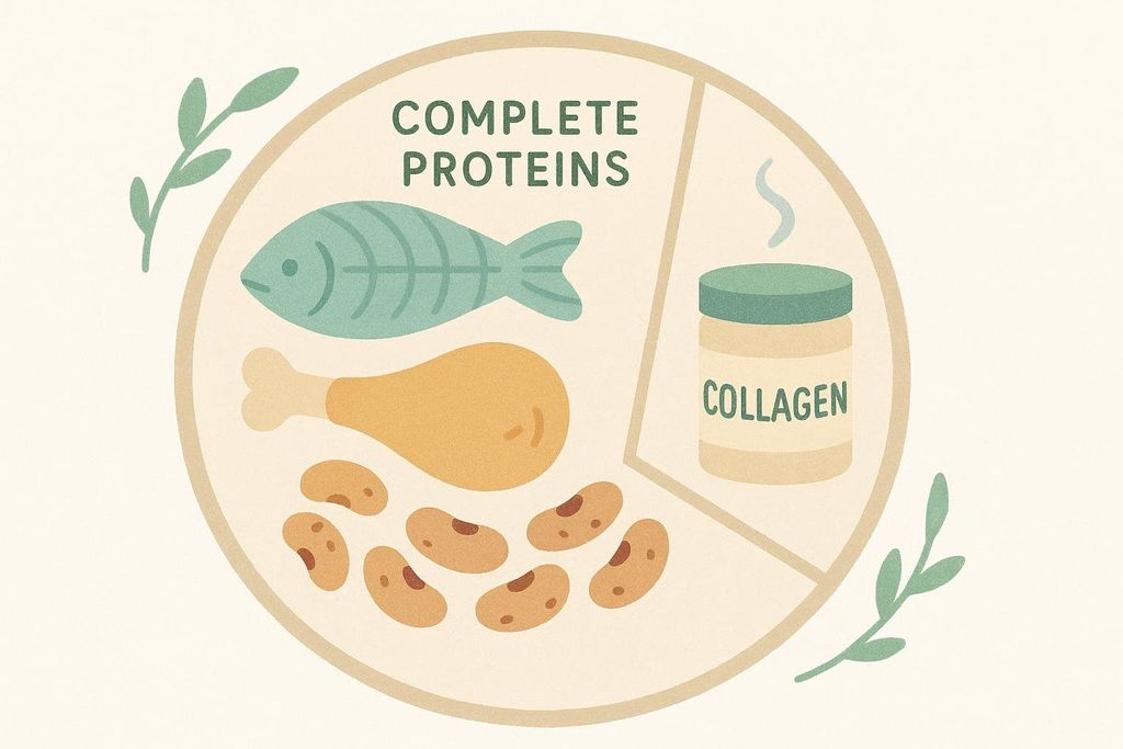 Illustration on a cream background showing a beige circular plate with two sections. The larger section, labeled 'COMPLETE PROTEINS', contains an illustration of a fish, a chicken drumstick, and a handful of beans. The smaller section contains a jar labeled 'COLLAGEN' emitting steam, suggesting it's hot. Green leafy sprigs are arranged around the plate to the upper left and lower right.