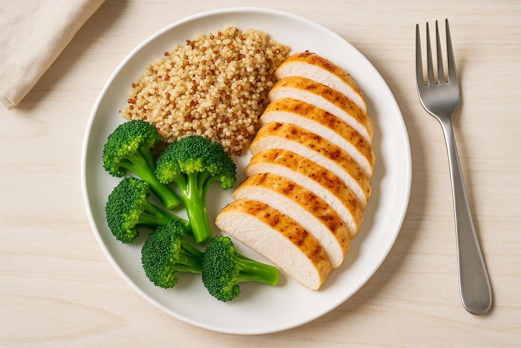 A white plate holds a healthy meal of sliced chicken breast, fluffy quinoa, and steamed broccoli florets arranged neatly, with a fork beside it.