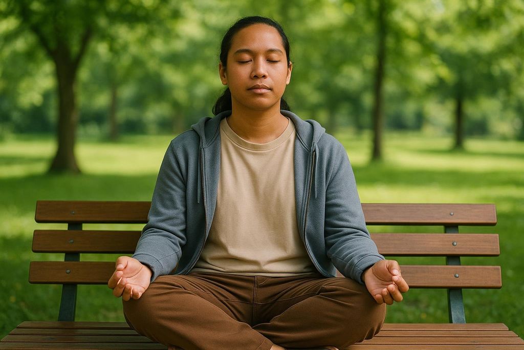 A person with eyes closed, meditating or practicing mindfulness, sitting cross-legged on a wooden park bench. They are wearing a grey hoodie and brown pants, with green trees and grass blurred in the background.