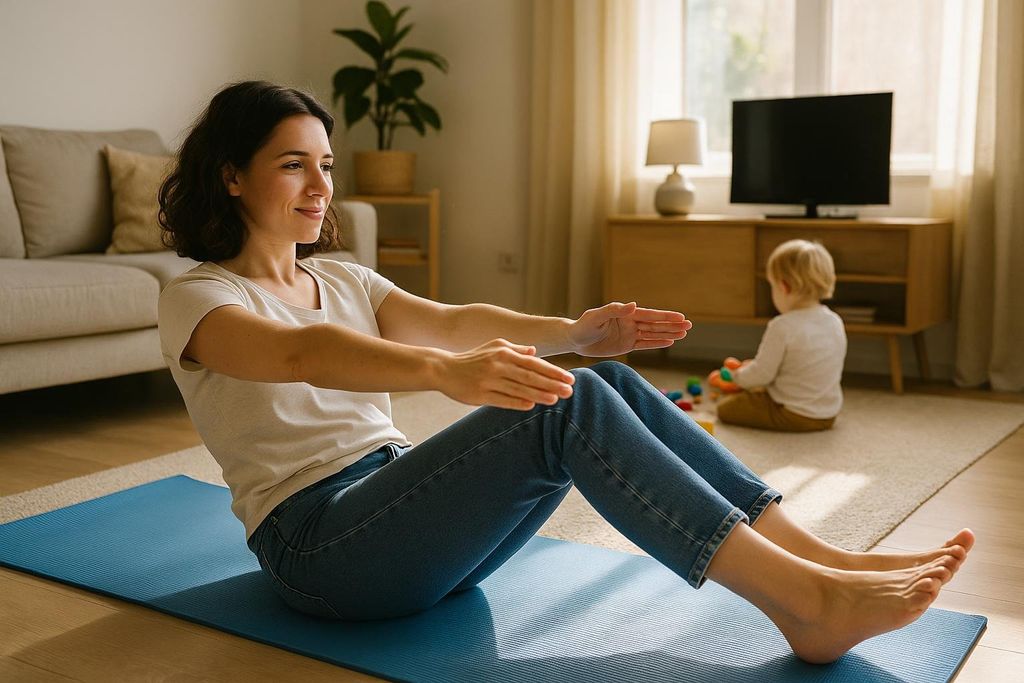 A woman with dark hair is doing gentle core recovery exercises on a blue yoga mat in a living room. She is looking to her right and smiling slightly. A small child with blonde hair is playing with toys in the background.