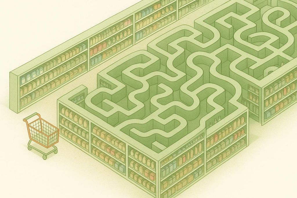 An isometric illustration showing a grocery store with shelves full of products. The aisles are designed to look like a complex maze in a light green color. A single shopping cart waits at the entrance to the maze, emphasizing the difficulty of navigating a large store.