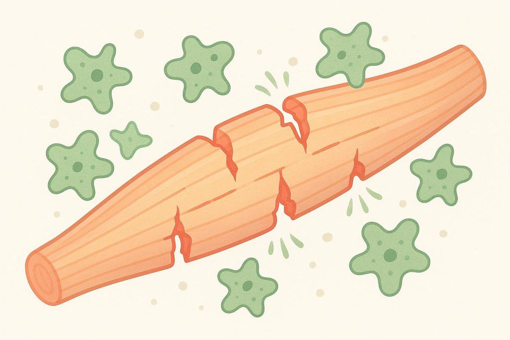 An illustration showing microscopic tears in a muscle fiber, which is the cause of delayed onset muscle soreness (DOMS). The orange muscle fiber is broken into multiple segments, with small lines indicating distress, surrounded by green amoeba-like shapes.