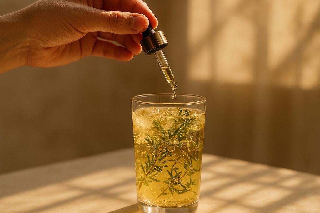 A hand holding a dropper, squeezing a drop of herbal adaptogen tincture into a refreshing iced drink with rosemary sprigs. The drink is in a clear glass, with sunlight creating shadows on the table.