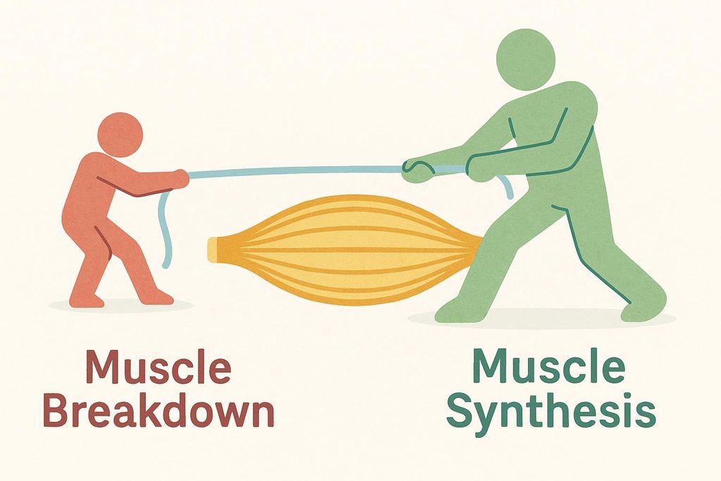 An illustration showing a tug-of-war between muscle synthesis and muscle breakdown. A large green figure representing 'Muscle Synthesis' is winning against a smaller red figure representing 'Muscle Breakdown', pulling a rope attached to a large yellow muscle fiber, symbolizing muscle growth.