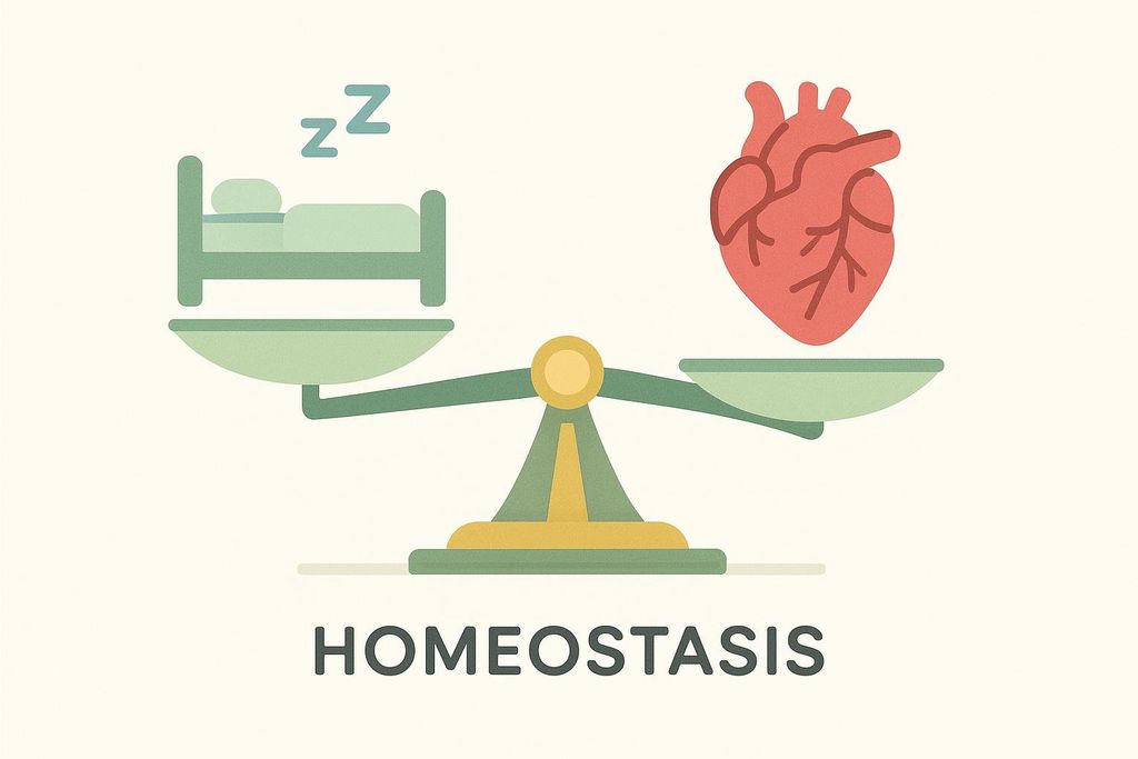 An illustration depicting homeostasis with a bed symbolizing sleep on one side of a balanced scale and a human heart on the other. The word 'HOMEOSTASIS' is written below the scale.