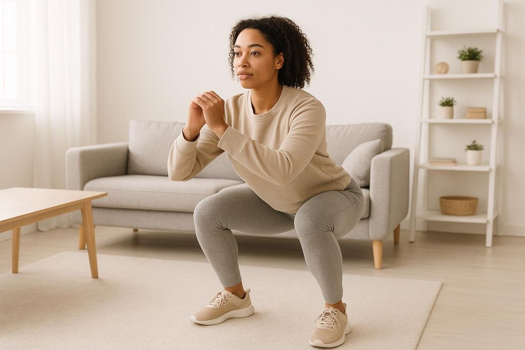 A person performs a bodyweight squat in their living room. They are wearing a beige sweatshirt and grey leggings. Accessible strength training can be done at home.