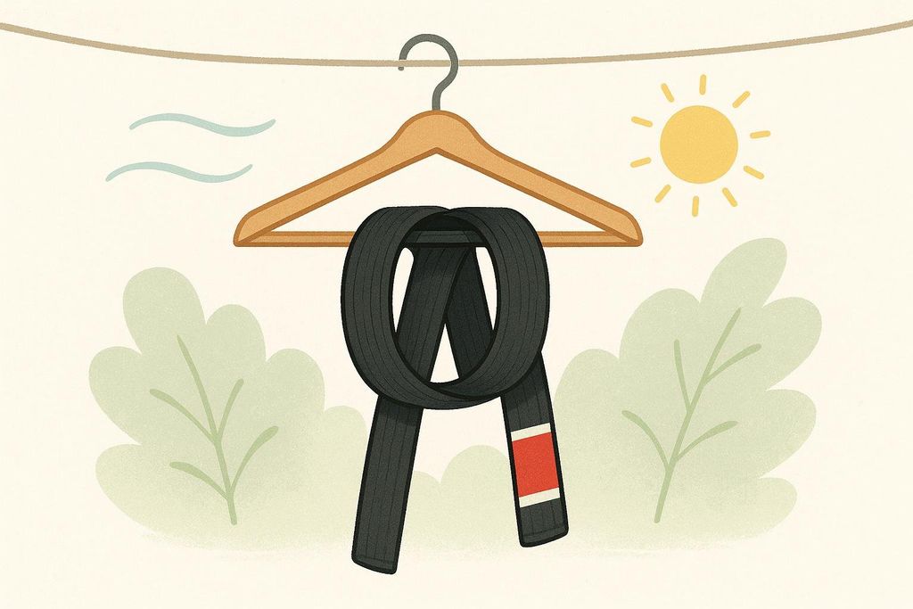 Stylish illustration of a black BJJ belt with a red bar air-drying on a hanger on a clothesline, with wind and sun symbols nearby and faint green bushes on either side.