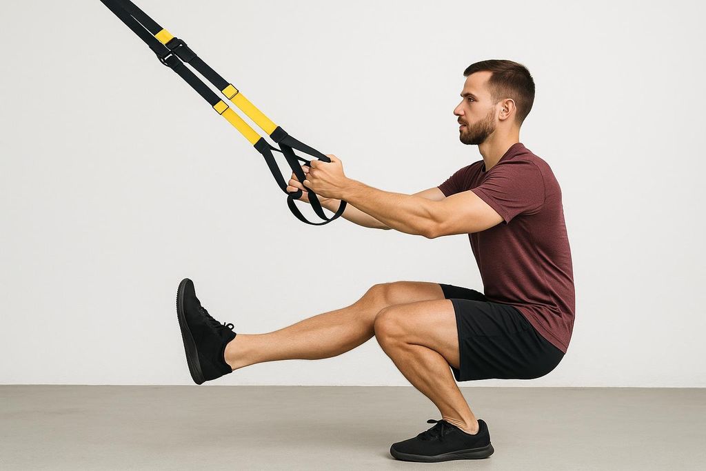 A man in a red t-shirt and black shorts performing a single-leg pistol squat, holding black and yellow TRX straps for balance and support. He is in a deep squat position with one leg extended forward.