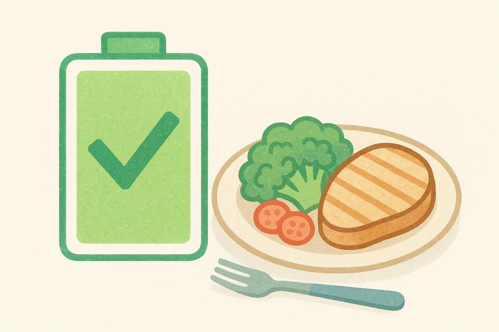 An illustration showing a full battery symbol with a checkmark, next to a plate of food containing a grilled steak, broccoli, and sliced tomatoes, with a fork beside it. This represents energy balance and optimal fueling for performance.