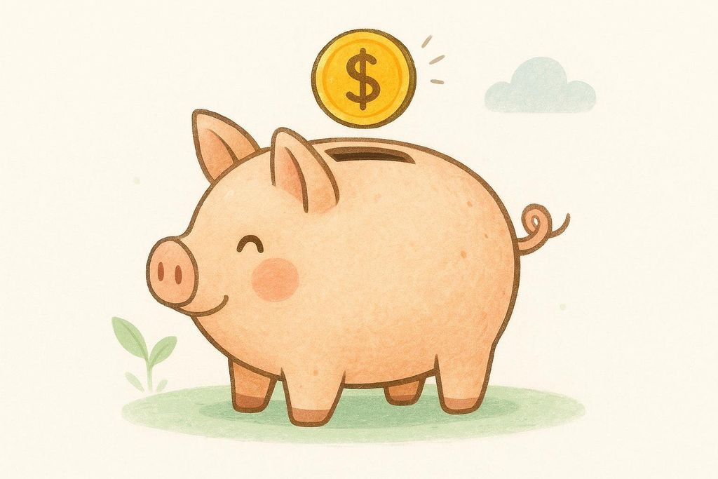 A cute watercolor-style illustration of a smiling pink piggy bank receiving a gold dollar coin, set against a light background with subtle grass and a cloud.