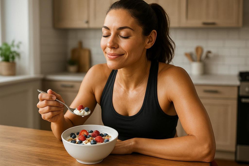 A woman in a black sports bra with her eyes closed, smiling as she eats a spoonful of yogurt with blueberries and raspberries. Before her is a bowl of yogurt with berries and granola on a wooden table in a kitchen.