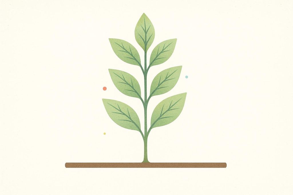 A stylized illustration of a green plant with several leaves growing from a central stem, emerging from a brown baseline. The background is an off-white color with subtle texture and three small, colorful dots (red, yellow, and blue) scattered around the plant.