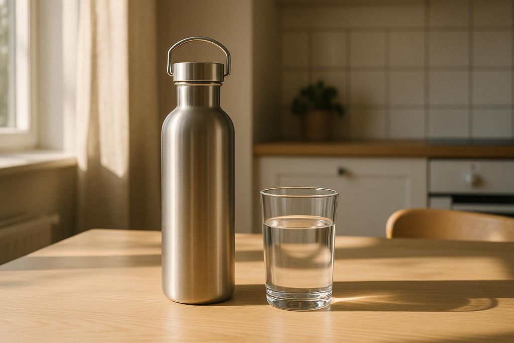 An insulated stainless steel water bottle and a clear glass of water sitting on a light wooden table. Sunlight streams in from a window on the left, casting shadows. In the blurred background, a kitchen counter and cabinets are visible.