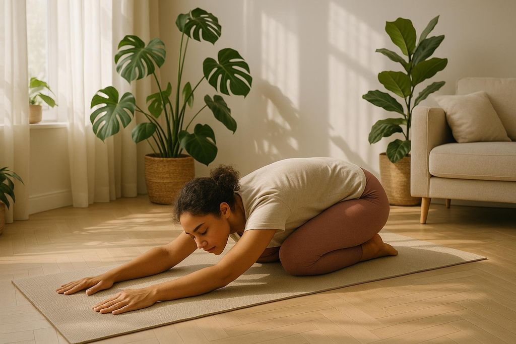 A woman with darker skin and curly hair in a light-colored t-shirt and pink leggings performing Child's Pose on a yoga mat in a sunlit living room. Large potted plants and a beige couch are visible in the background.