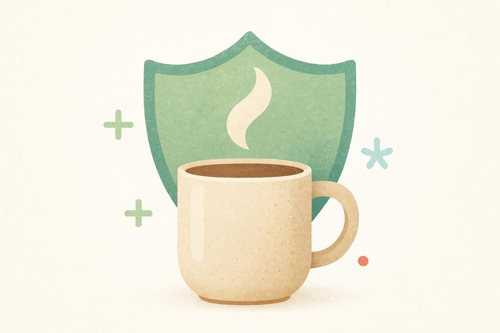 An illustration of a steaming coffee cup in front of a green shield, with green plus signs and a blue asterisk around it, symbolizing immune defense or health benefits associated with coffee.
