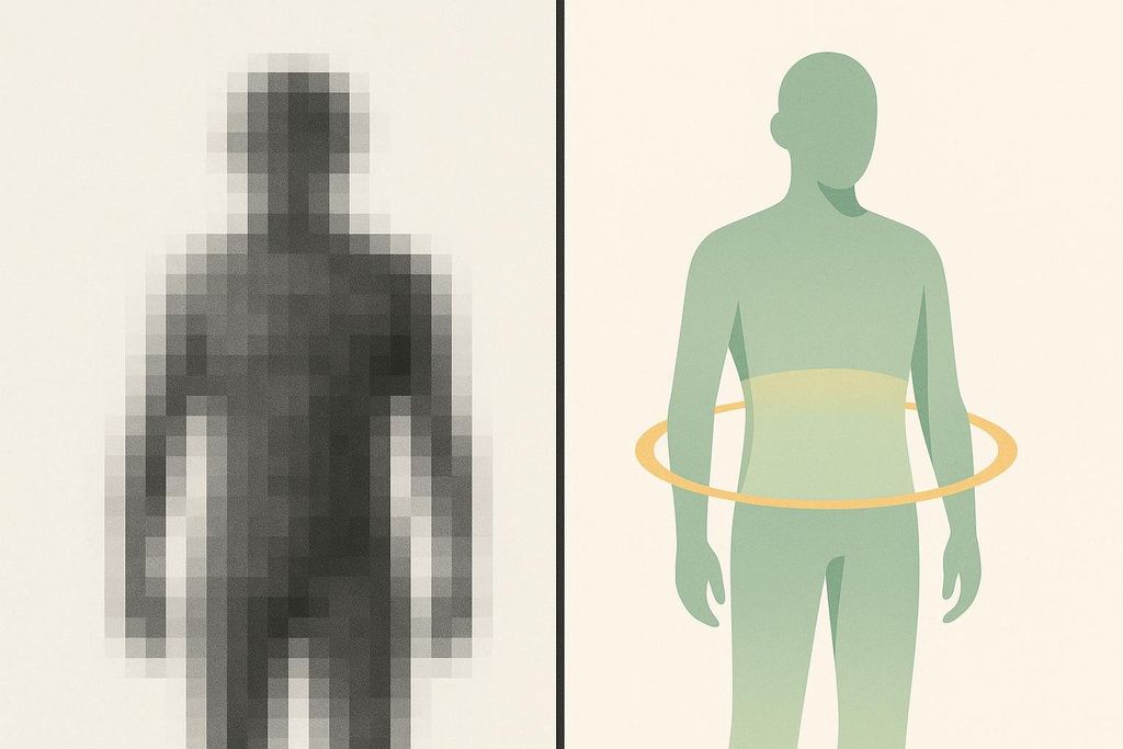 Comparison of BMI and BRI metrics. BMI is represented as a blurry, pixelated human silhouette, while BRI is represented as a clear, detailed human silhouette with a waistline indicator emphasizing accuracy for predicting health.