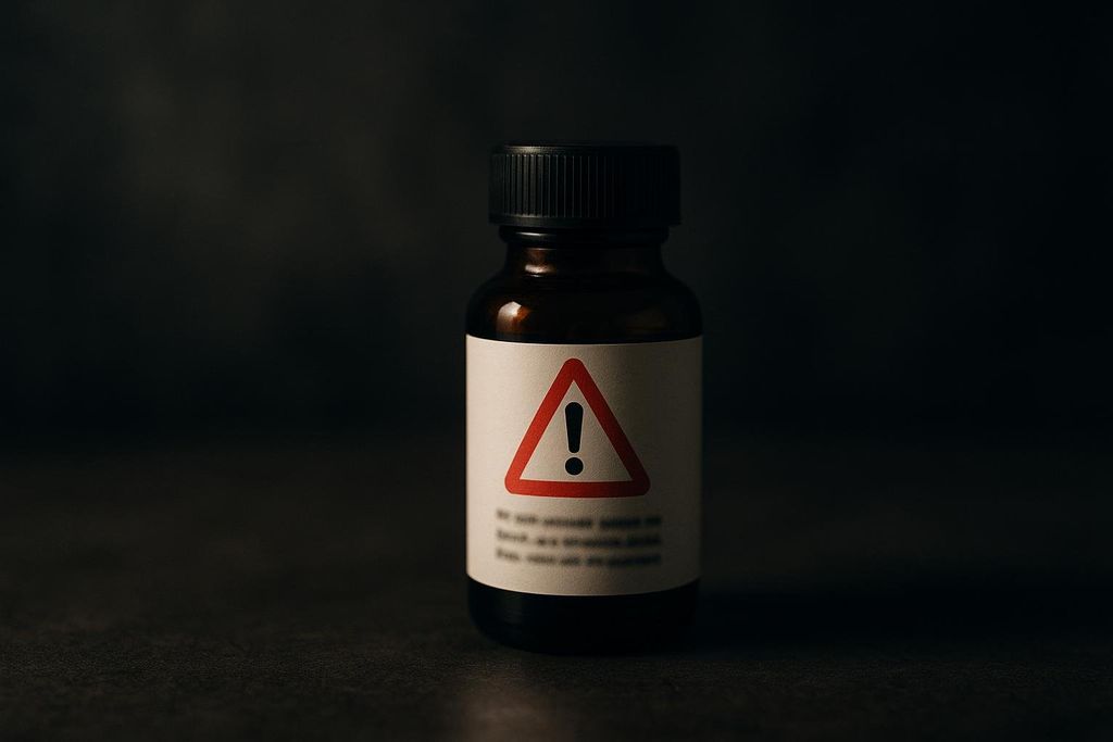 A small, dark glass bottle with a white label featuring a prominent red warning triangle with an exclamation mark inside. The background is a dark, out-of-focus surface.