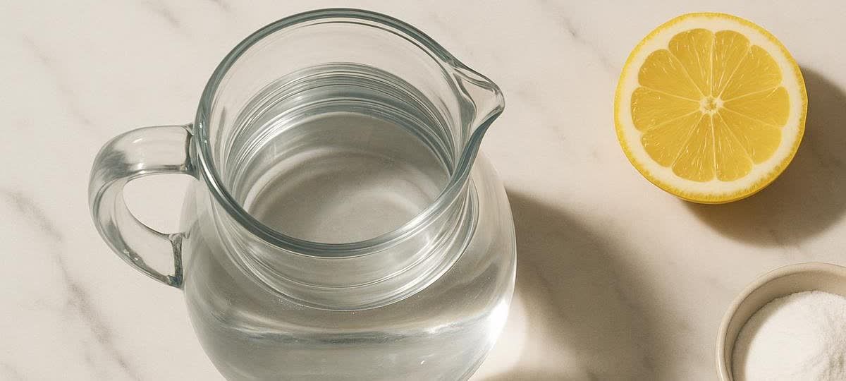 Flat lay of water fasting ingredients: a clear glass pitcher filled with water, a half-sliced lemon, and a small bowl of white salt, all arranged on a light-colored countertop.