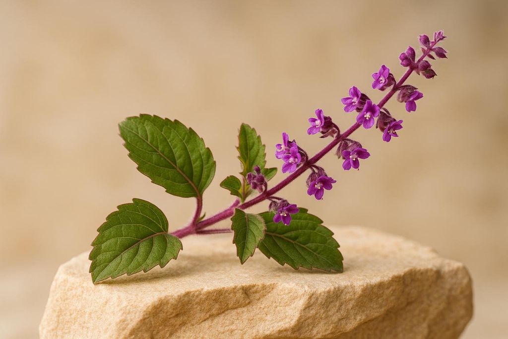 A sprig of holy basil with vibrant purple blossoms and dark green leaves rests on a light beige sandstone surface. The background is a soft, blurred light brown.