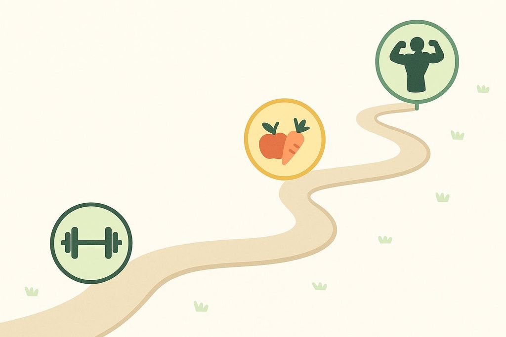 An infographic illustration of a winding path with milestones. The first milestone is a barbell, followed by an apple and carrot, and finally a flexing bodybuilder, representing the long journey of bodybuilding competition prep through exercise and nutrition.