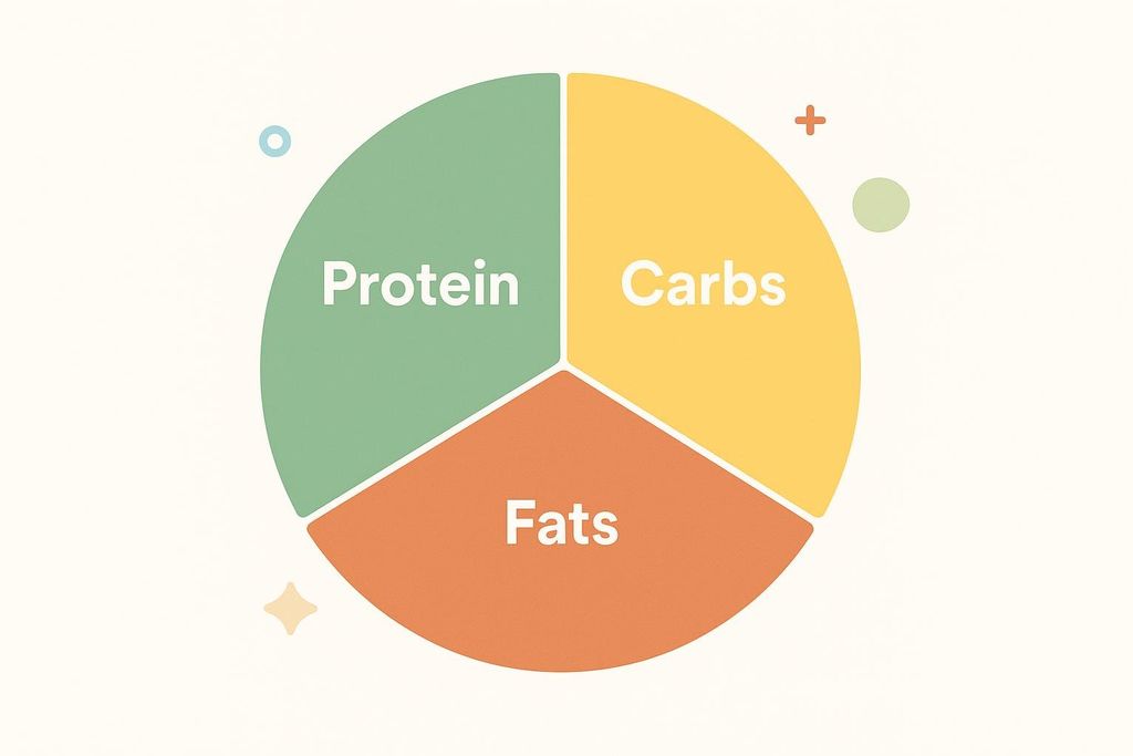 A colorful pie chart illustrating the breakdown of macronutrients, with sections labeled 'Protein' (green), 'Carbs' (yellow), and 'Fats' (orange).