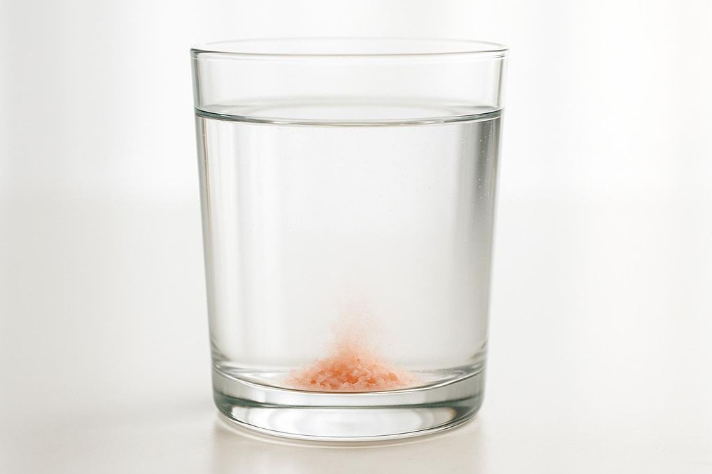 A close-up of a clear glass of water with a small pile of pink electrolyte salt granules settling at the bottom and beginning to dissolve, creating a light cloudy effect around them.