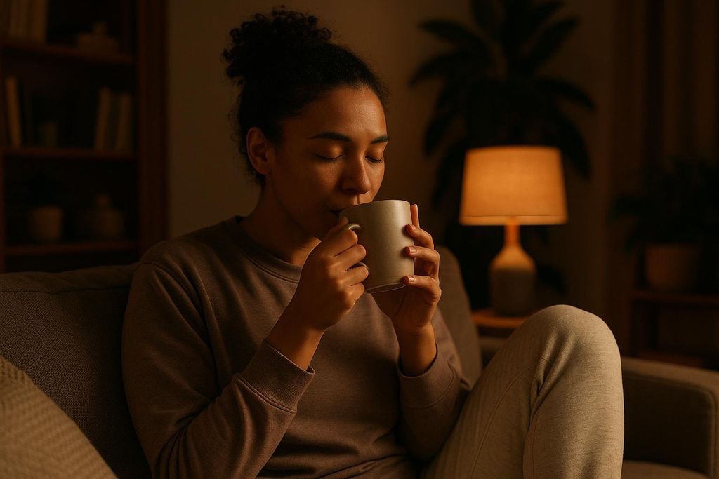 A woman with darker skin and curly hair, dressed in comfortable loungewear, sits on a sofa in a dimly lit room, eyes closed, as she sips from a mug. A warm lamp and plant are visible in the background, suggesting a cozy evening or bedtime ritual.