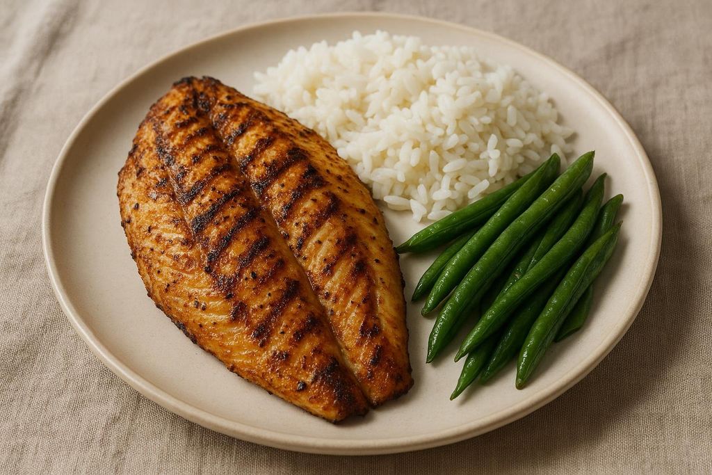 Balanced meal of fish, rice, and green beans.