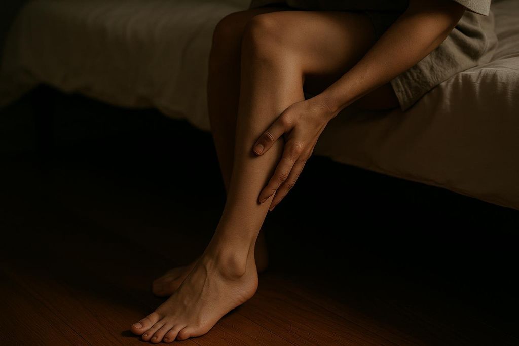 A person holds their calf muscle, indicating discomfort or a cramp, a common symptom associated with magnesium deficiency.